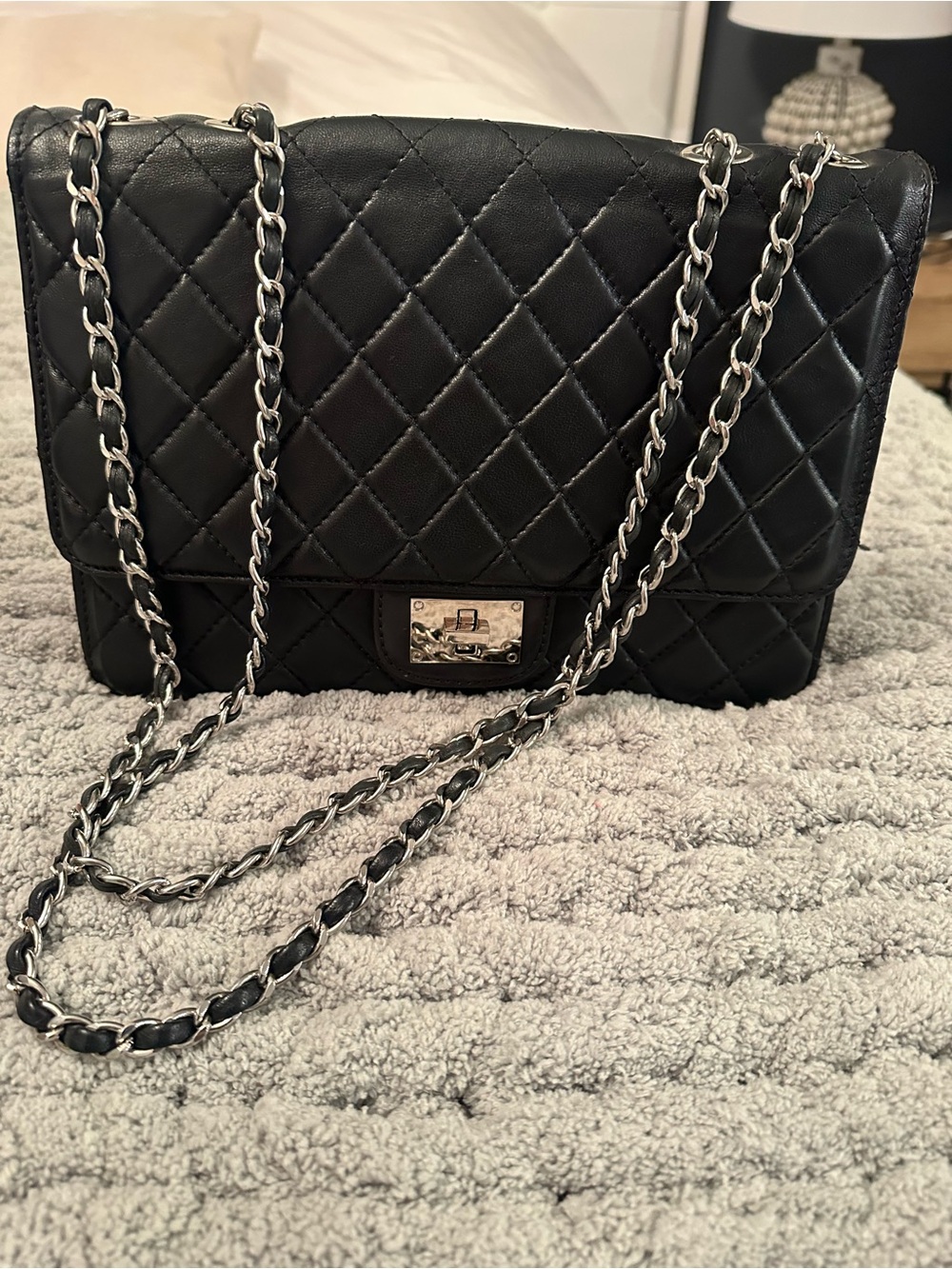 Teddy Blake Made in Italy Black Leather Quilted Chain Shoulder Flap Bag